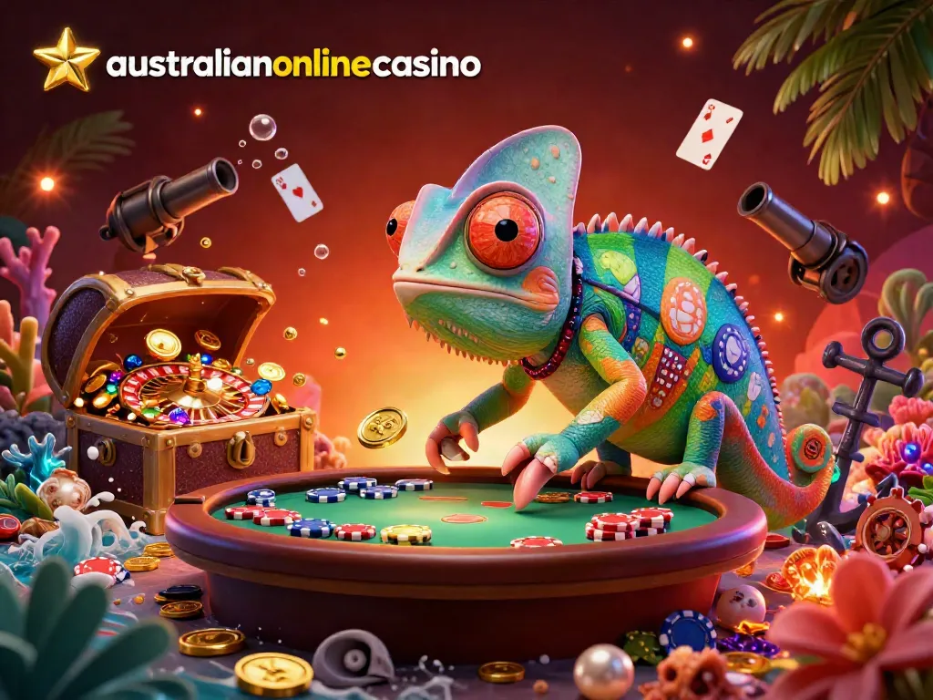 A dynamic scene illustrating australianonlinecasino's animated chameleon casino owner capturing golden coins alongside floating poker elements.