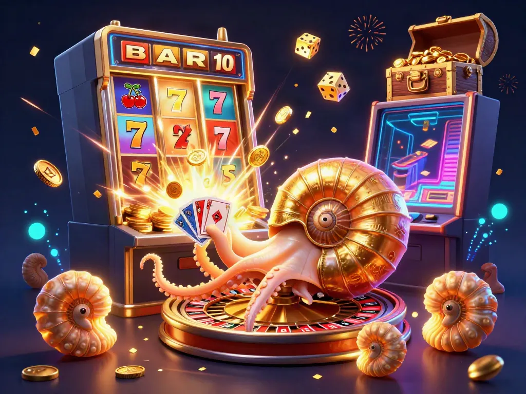 Engage with manclub10's casino excitement through a dynamic illustration of a giant nautilus roulette wheel and colorful gaming elements.