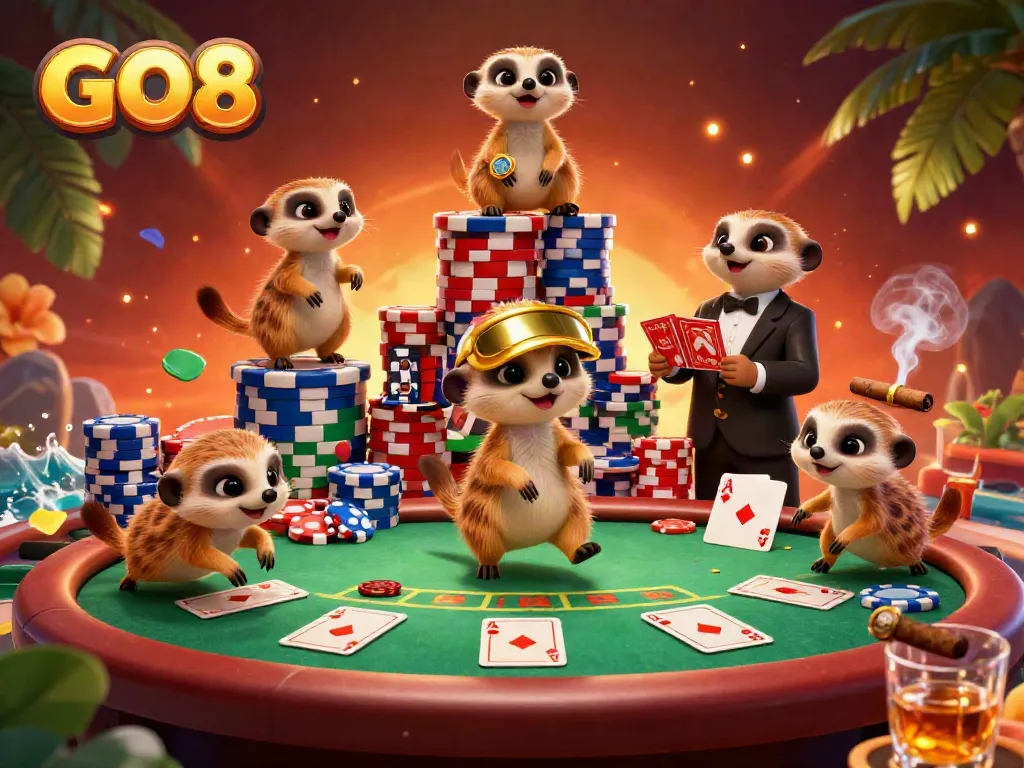 Engage in exciting gameplay at GO8 casino with meerkats running a vibrant poker operation.