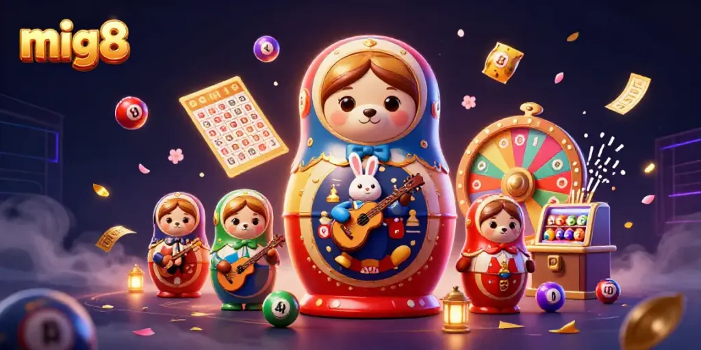 Experience winning excitement at mig8 with 3D Matryoshka bears enjoying dynamic casino elements.