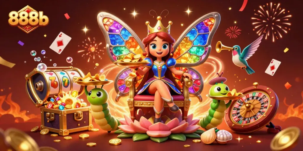 Engage with 888b's vibrant casino world through an enchanting 3D illustration showcasing a butterfly queen and rich gaming elements.