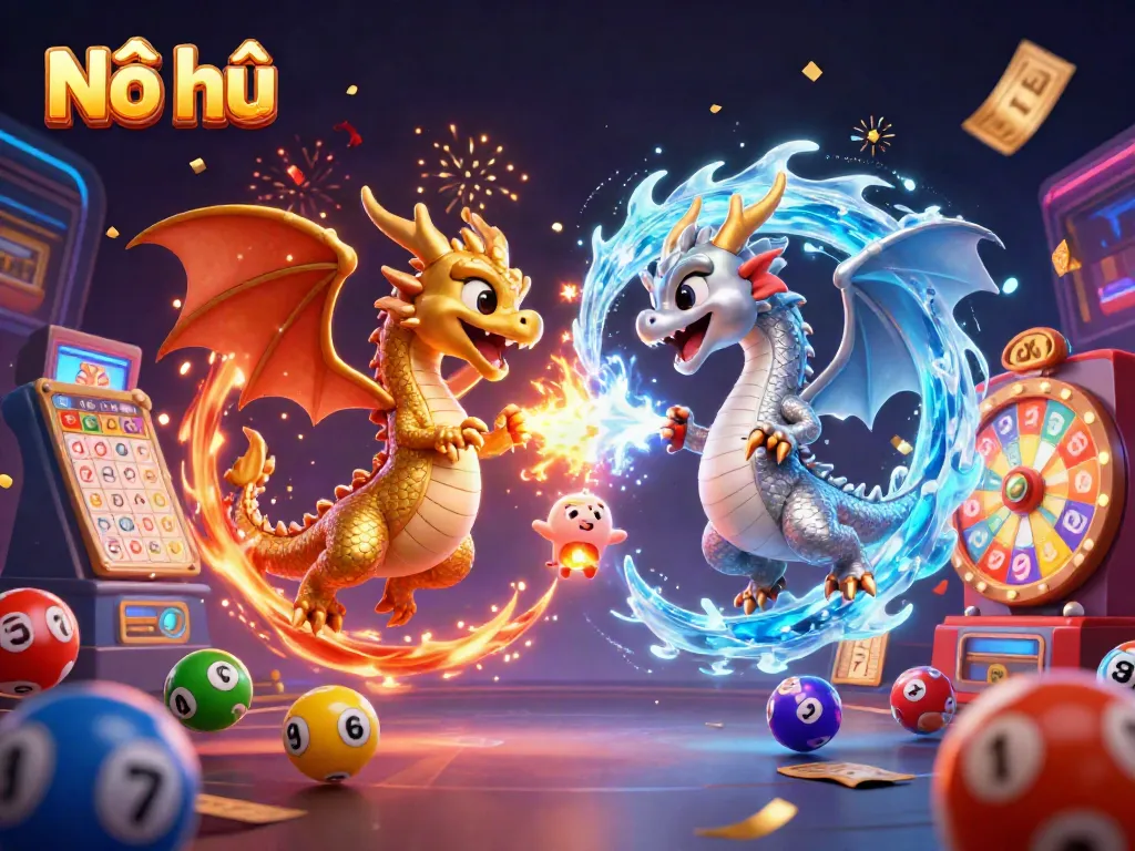 Experience the thrill of Nổ hũ with vibrant dragons and lottery elements in this captivating illustration.