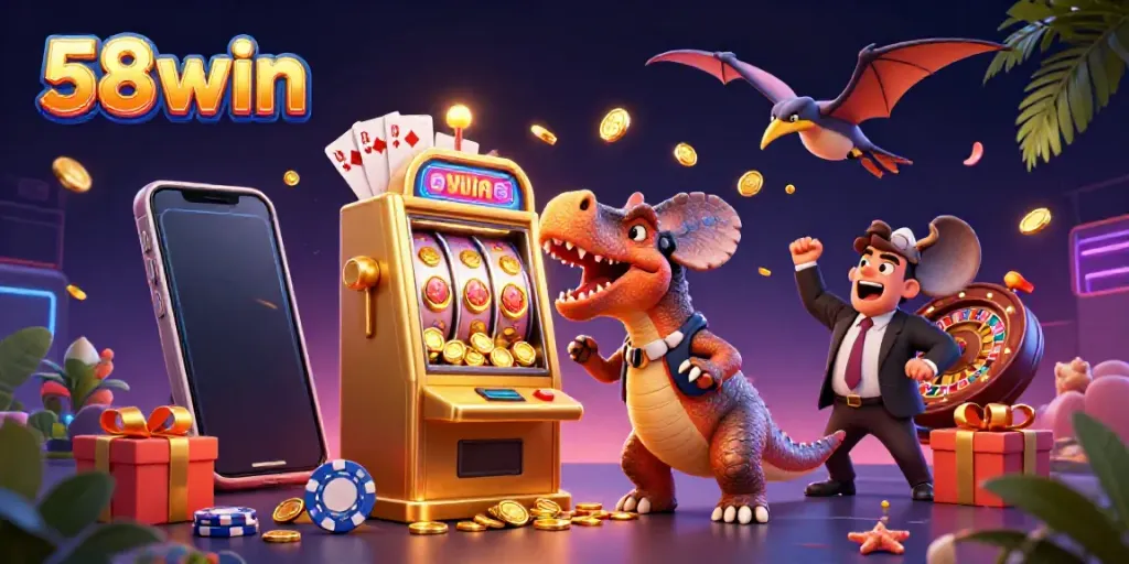 58win's vibrant casino scene features a pachycephalosaurus winning on a slot machine surrounded by coins.