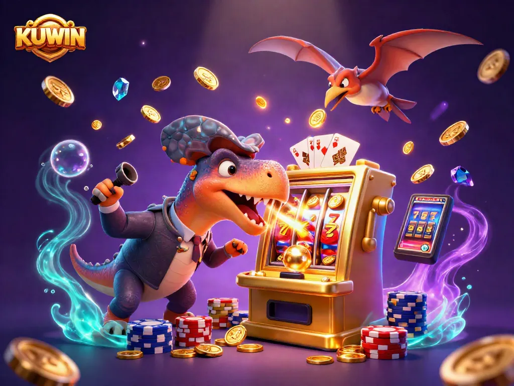 KUWIN casino scene with a dinosaur and slot machine creating a jackpot amidst flying coins and cards.