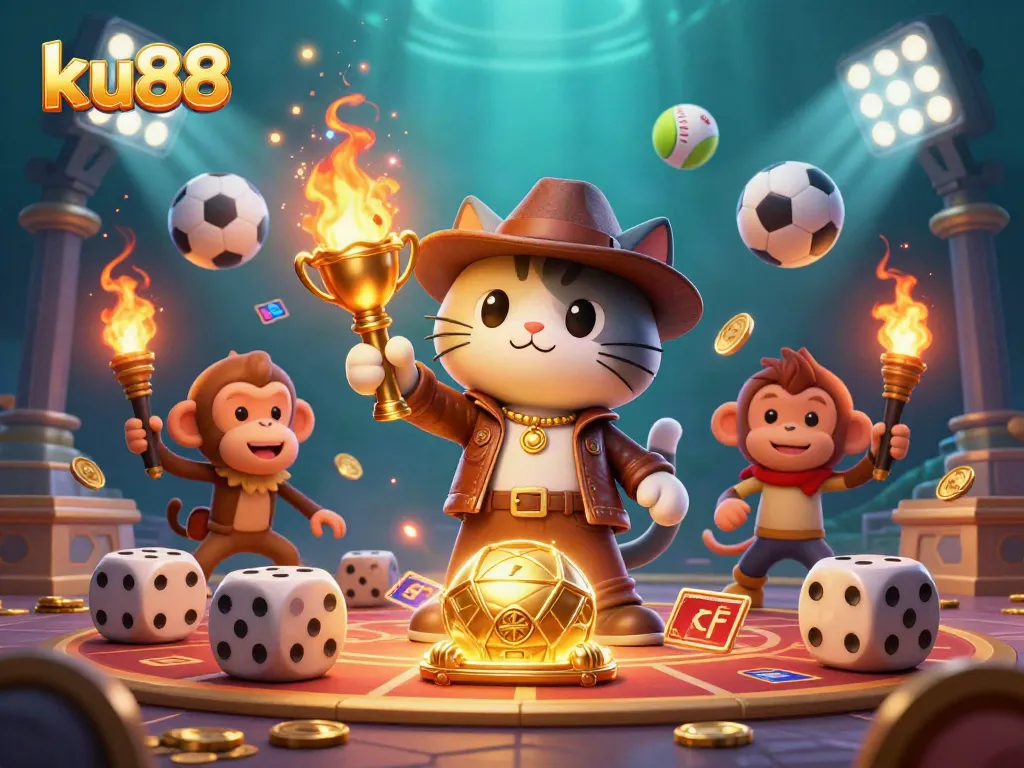 Experience the thrilling action at ku88 with an adventurous explorer cat and dynamic casino elements.