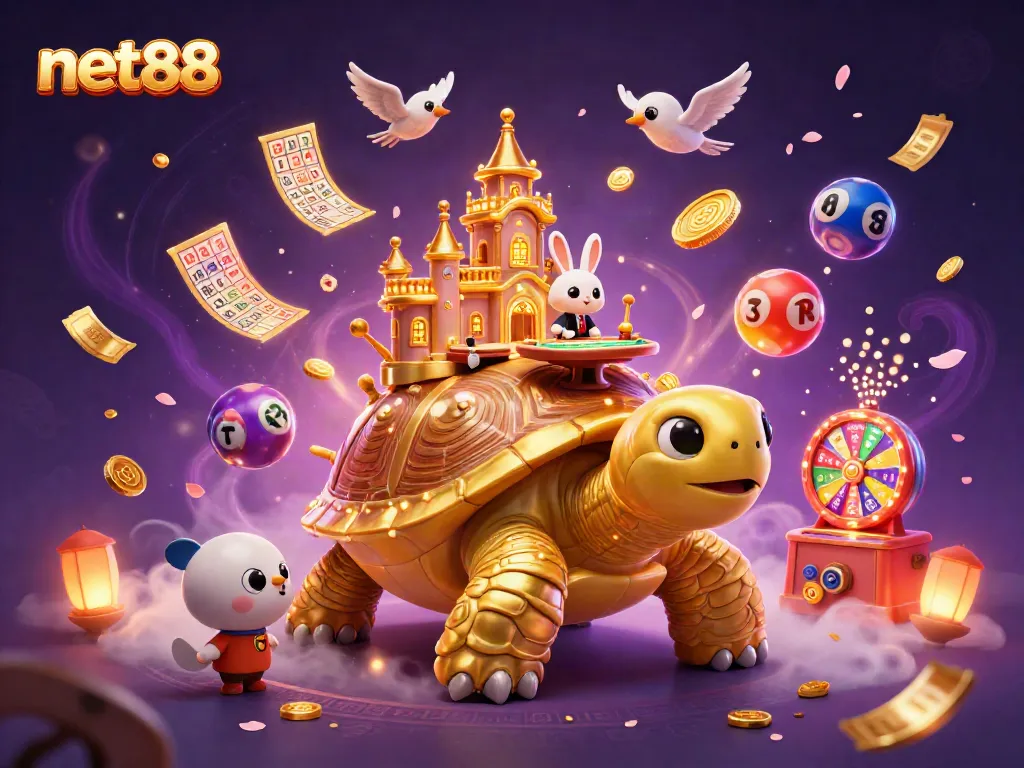 Net88 casino theme featuring a giant tortoise with a casino palace, rabbit dealer, and dynamic casino elements.