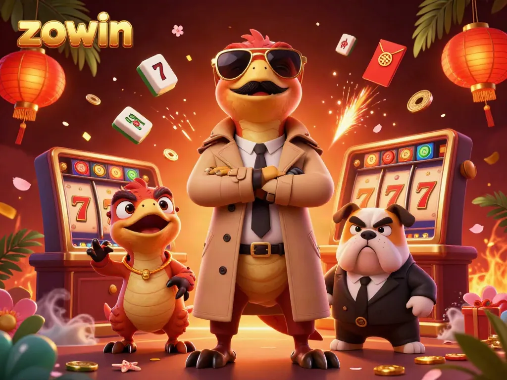 Zowin showcases three raptors in a trench coat humorously trying to enter a VIP casino, with dynamic game elements around them.