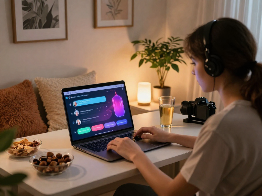 User engaging in a porn chat AI experience in a cozy setting, showcasing interactive technology.