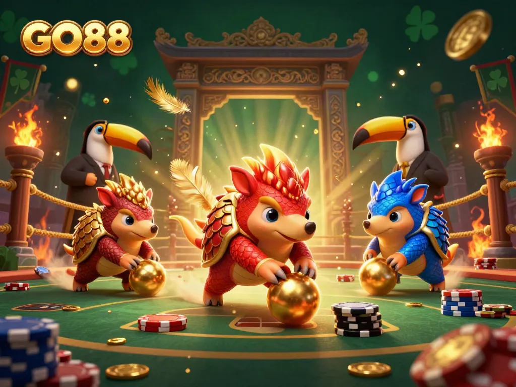 Experience the thrill of GO88 gaming with dynamic pangolins bowling poker chips in this vibrant scene.