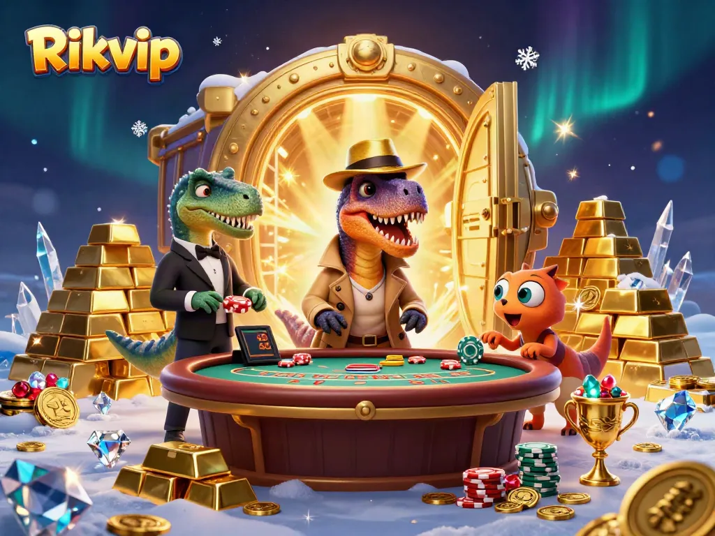 Experience thrilling gameplay at Rikvip with a velociraptor card counter, casino atmosphere rich in gold and gems.