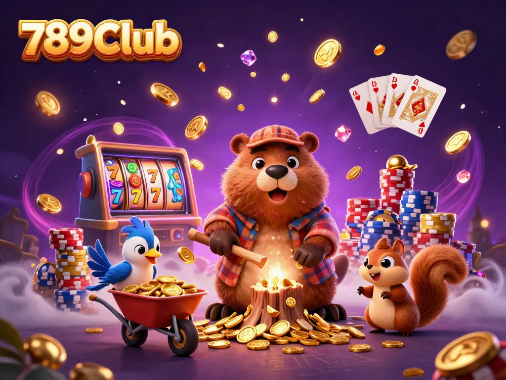 Engaging 3D scene showcasing 789Club characters celebrating with golden coins while playing slots.