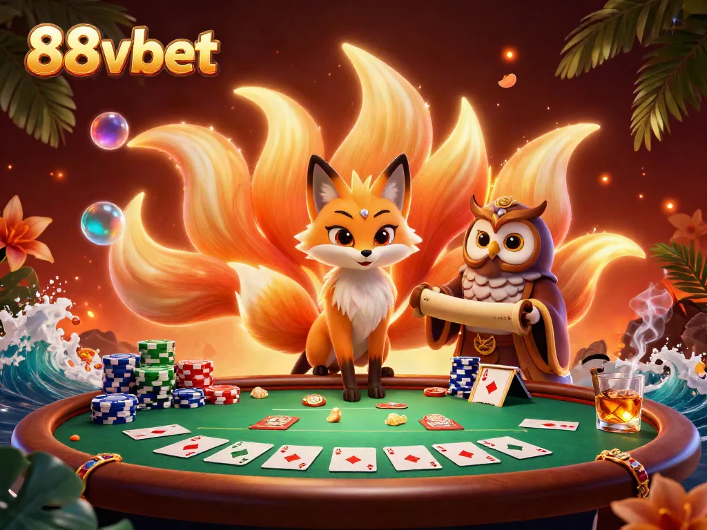 Join the action at 88vbet with this vibrant gambling scene depicting a nine-tailed fox in a lively poker setting.